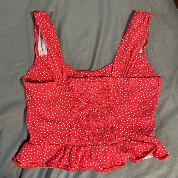 Forever 21 Red Polka Dot Cropped Tank Top with Ruffled Bottom - Picture 2 of 7